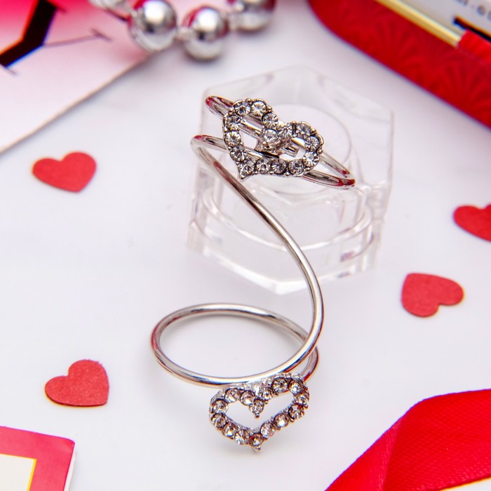 Кольцо "Сердце" дуэт, размер 17, цвет белый в серебре