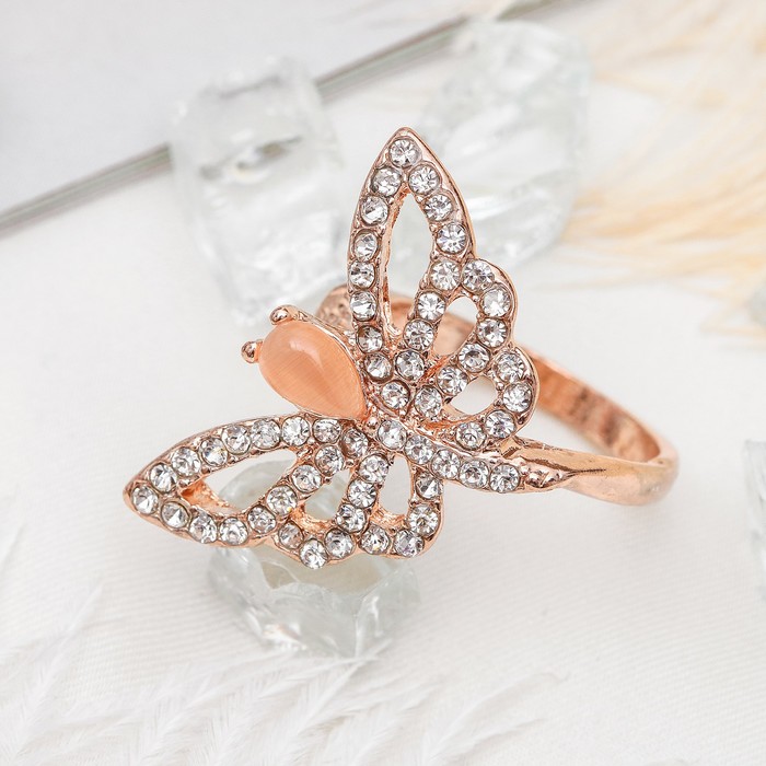 Кольцо "Бабочка", размер 17, цвет бело-бежевый в золоте
