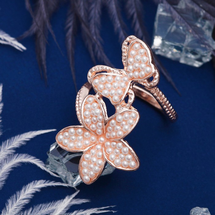 Кольцо "Бабочка" с цветком, размер 17, цвет белый в золоте