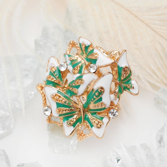 Кольцо "Бабочки", размер 16, цвет бело-бирюзовый в золоте