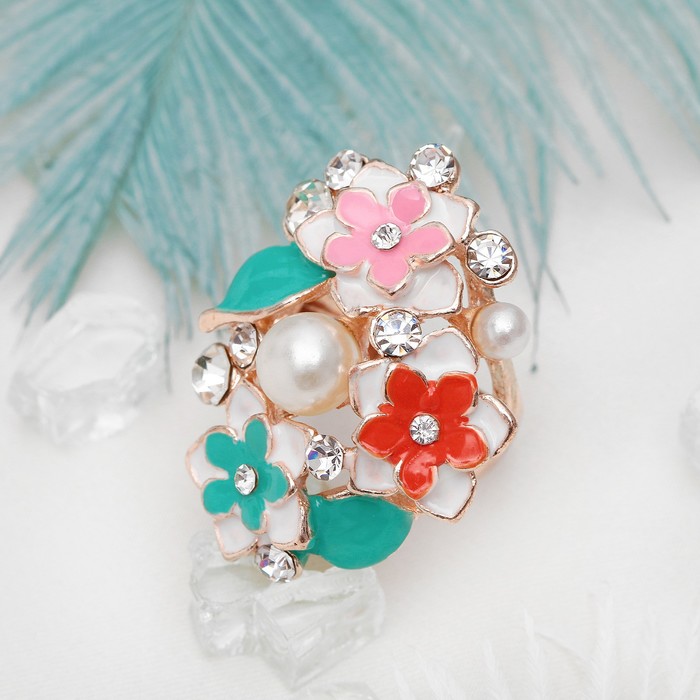 Кольцо "Цветущий сад", размер 17, цветное в золоте