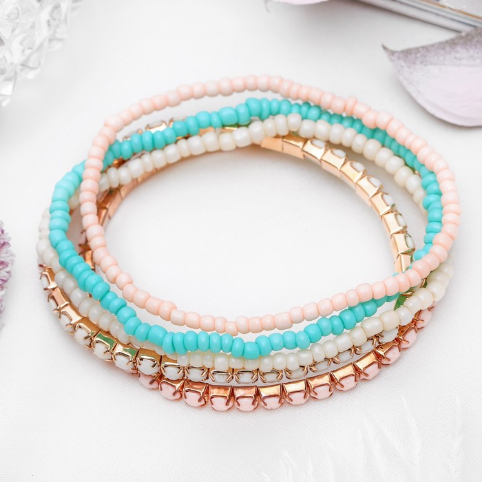 Браслет ассорти "Настроение", 5 нитей, цвет персиково-белый в золоте