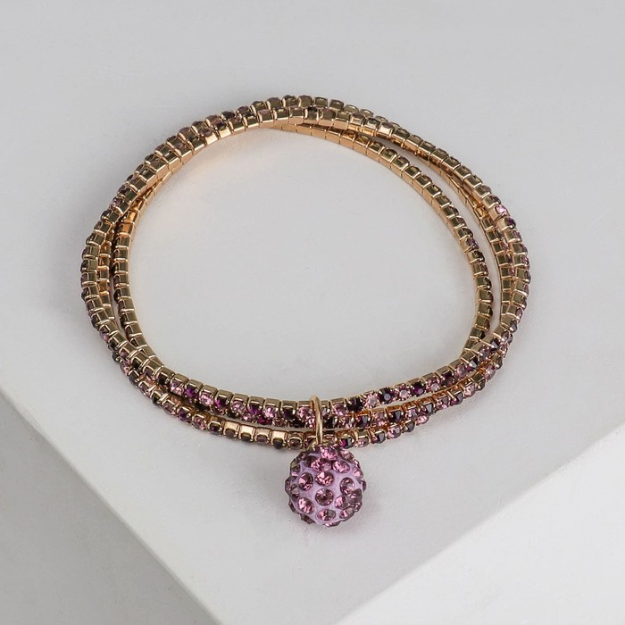 Браслет со стразами "Шамбала" 3 нити, цвет фиолетово-сиреневый в золоте