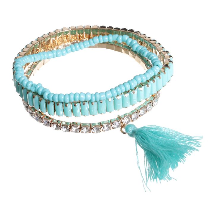 Браслет со стразами "Настроение" кисть, 3 нити, цвет бирюзово-белый в золоте