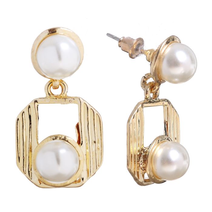 Серьги с жемчугом "Квадрат" с бусиной, цвет белый в золоте
