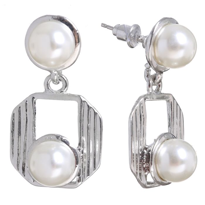 Серьги с жемчугом "Квадрат" с бусиной, цвет белый в серебре