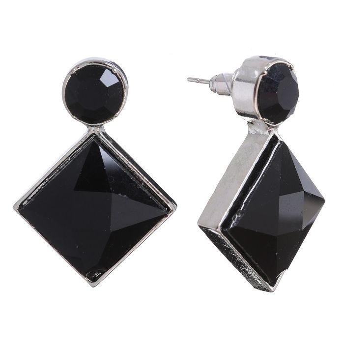 Серьги со стразами "Ромб" капля, цвет чёрный в серебре