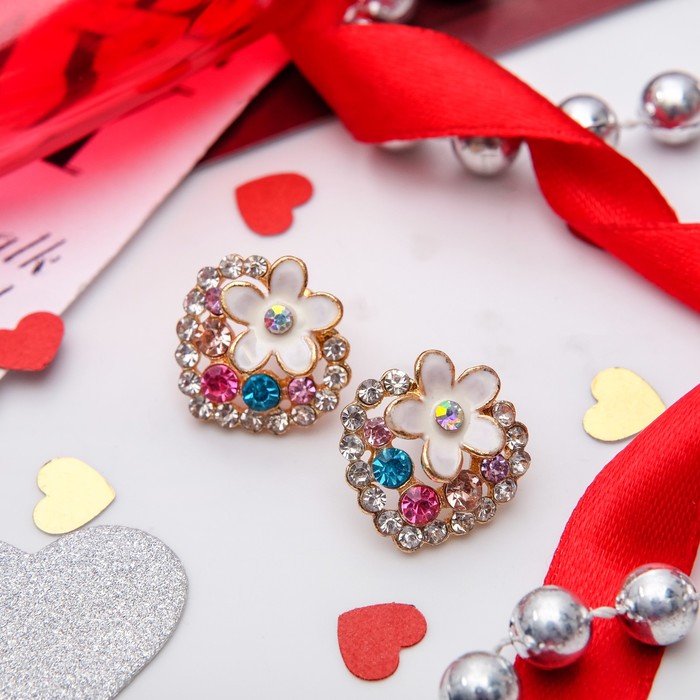 Серьги эмаль "Цветок" в сердце, цветной в золоте