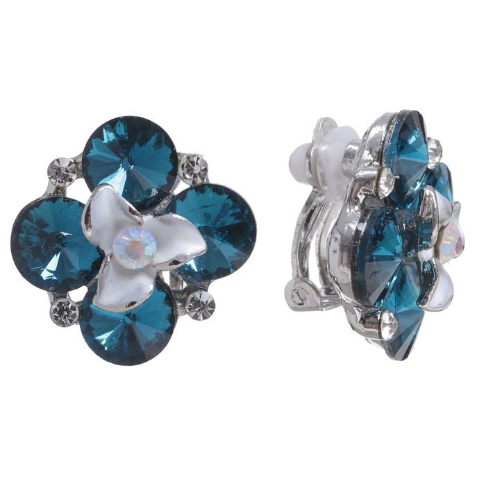 Клипсы "Цветок" четырёхлистник, цвет бело-морской в серебре