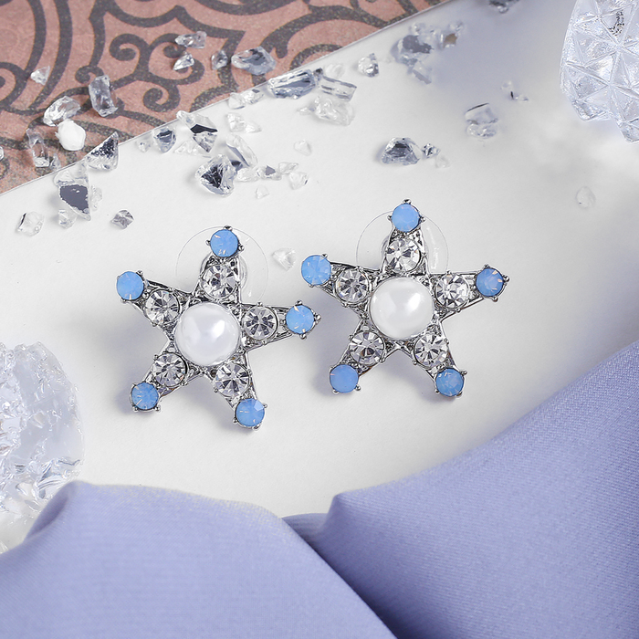 Серьги с жемчугом "Звёздочка", цвет бело-голубой в серебре