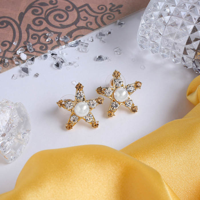 Серьги с жемчугом "Звёздочка", цвет бело-золотой