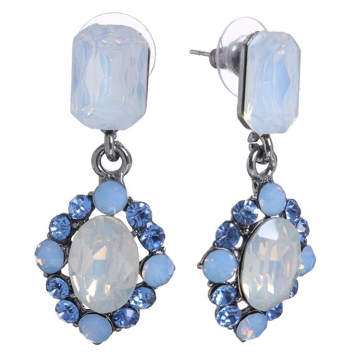 Серьги со стразами "Ромб" капля, цвет бело-голубой в сером металле