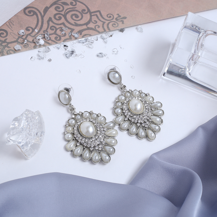 Серьги с жемчугом "Овал" роскошь, цвет белый в серебре