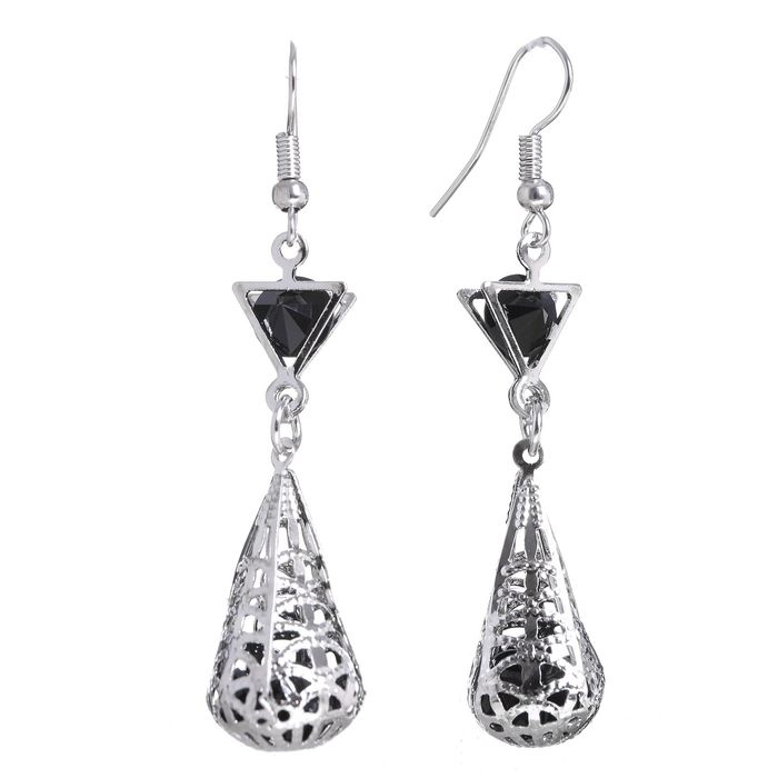 Серьги со стразами "Капля" объемная, цвет чёрный в серебре