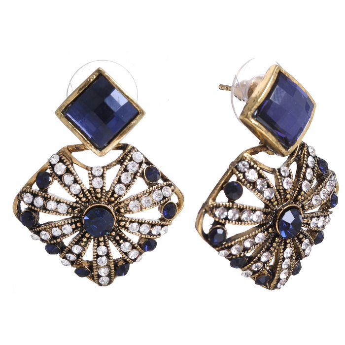 Серьги со стразами "Цветок" в ромбе, цвет бело-морской в чернёном золоте