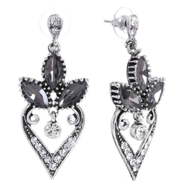 Серьги со стразами "Лепестки" райские, цвет бело-серый в чернёном серебре