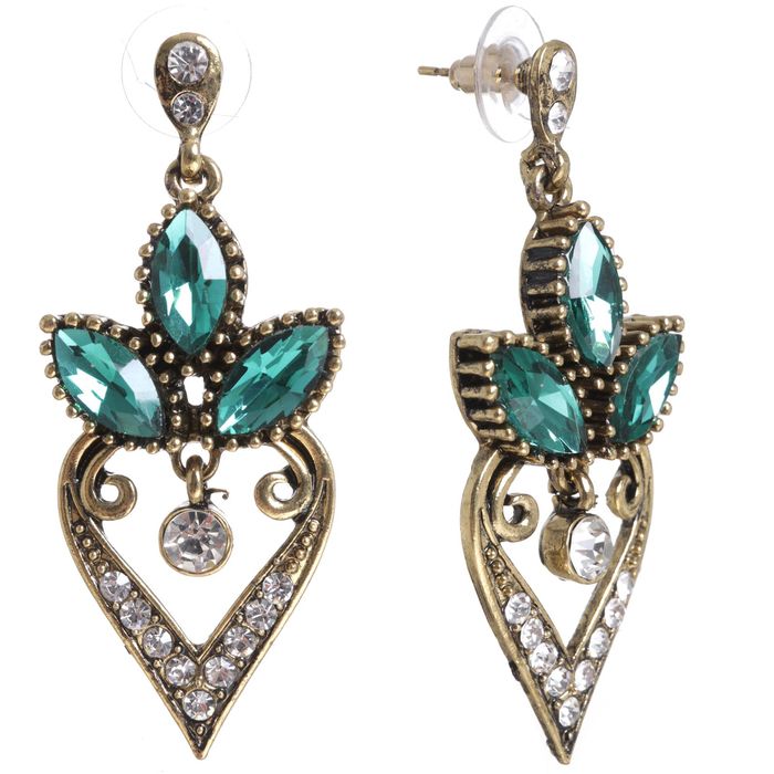 Серьги со стразами "Лепестки" райские, цвет бело-изумрудный в чернёном золоте