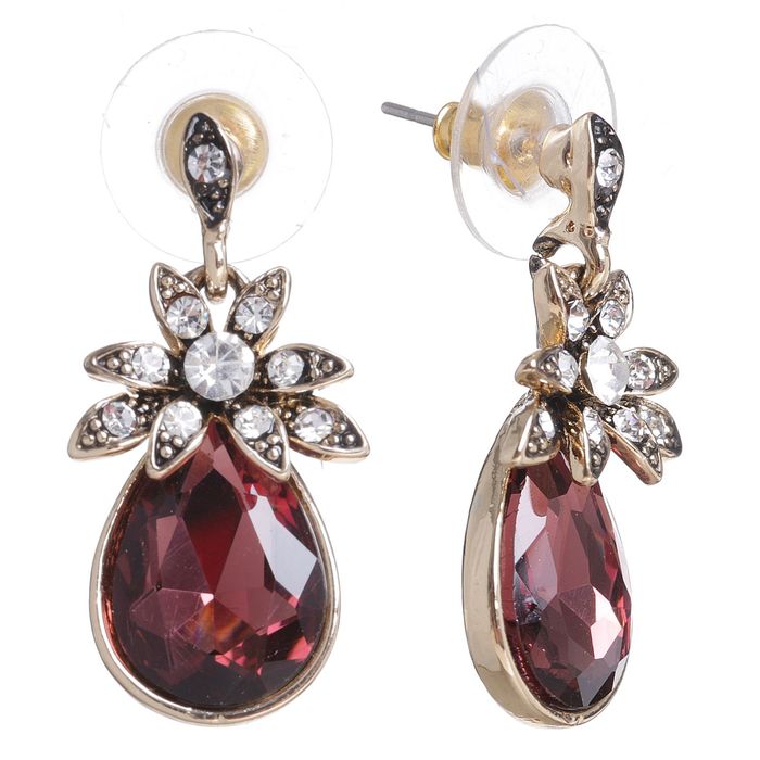 Серьги со стразами "Капля" лилия, цвет бордовый в золоте