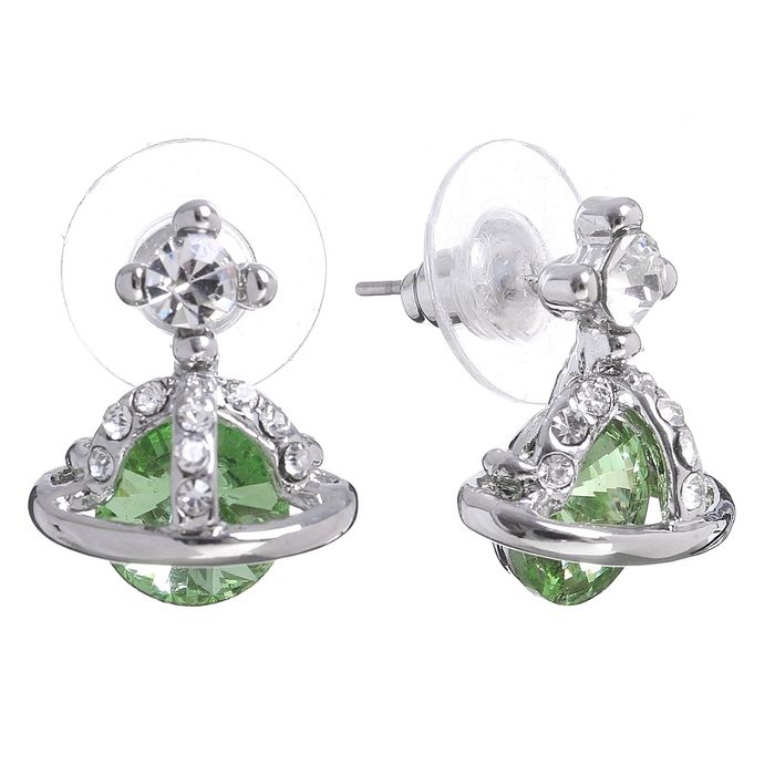 Серьги со стразами "Корона" малая, цвет светло-зелёный в серебре