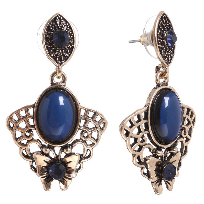 Серьги этника "Бабочка" ажур, цвет синий в чернёном золоте
