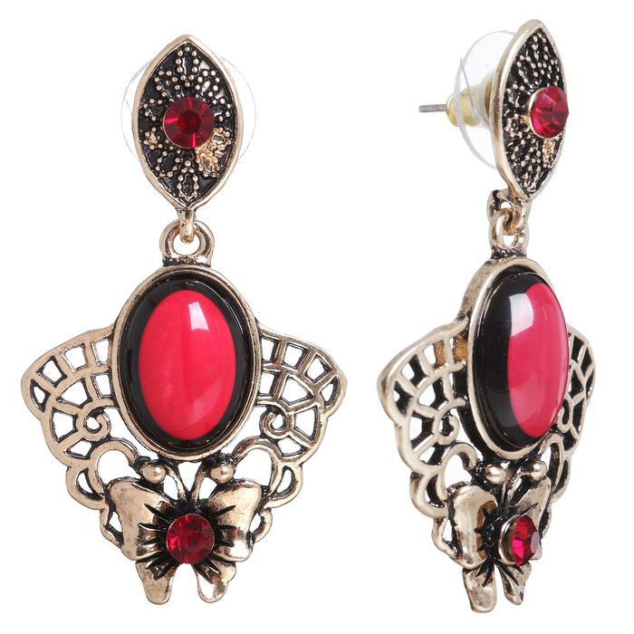 Серьги этника "Бабочка" ажур, цвет красный в чернёном золоте