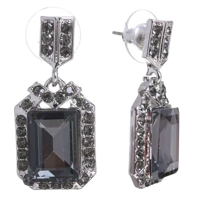 Серьги со стразами "Прямоугольник" сияние, цвет серый в серебре