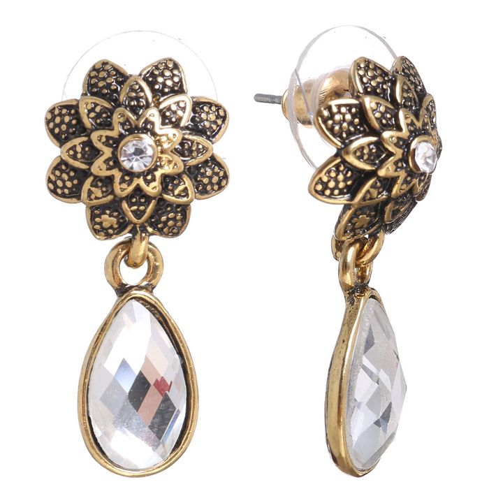 Серьги со стразами "Капля" с цветком, цвет белый в чернёном золоте