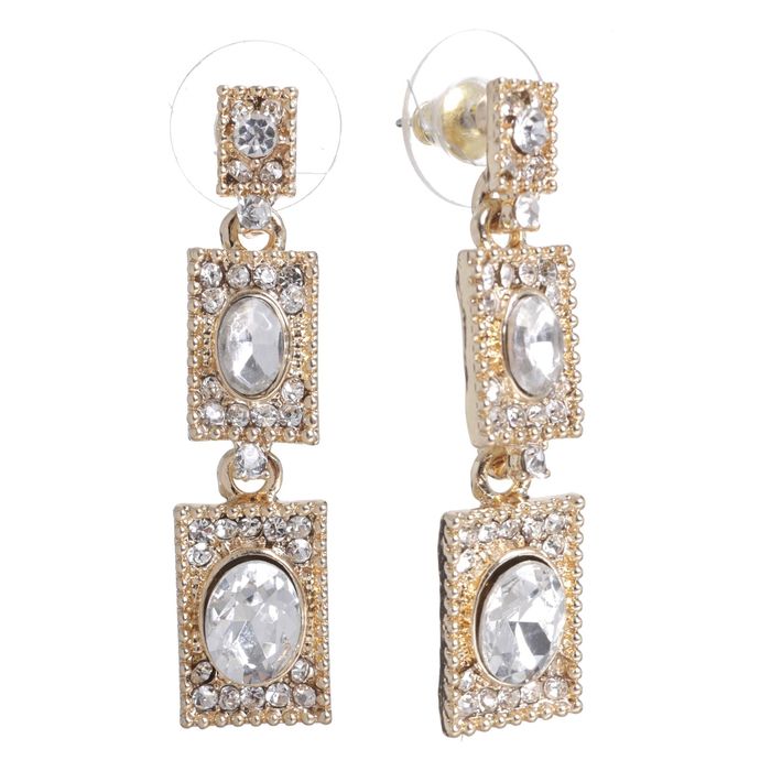 Серьги со стразами "Прямоугольники" трио, цвет белый в золоте