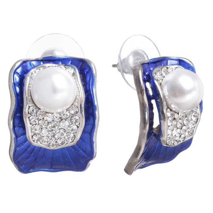 Серьги с жемчугом "Жемчужная раковина", цвет бело-синий в серебре