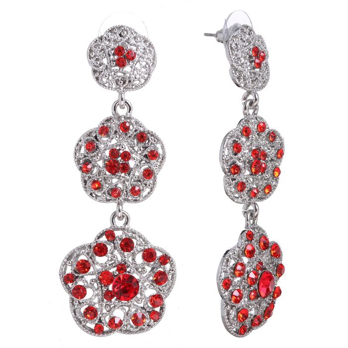 Серьги висячие со стразами "Цветы" трио, цвет красный в серебре