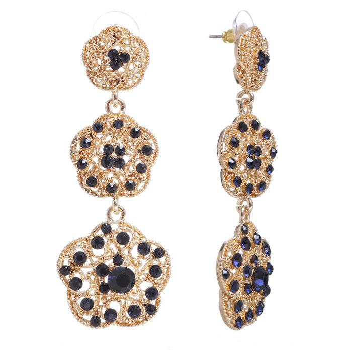 Серьги висячие со стразами "Цветы" трио, цвет синий в золоте