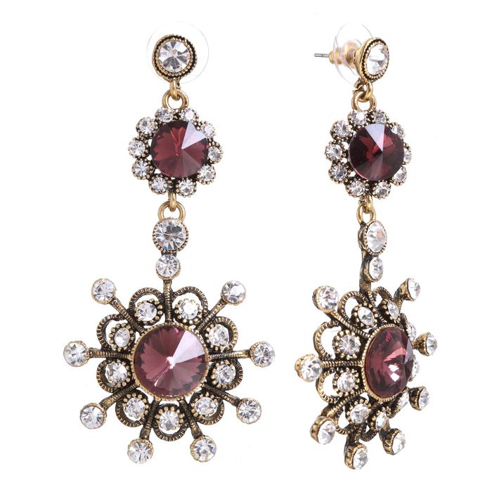 Серьги висячие со стразами "Цветы" яркие, цвет сливово-белый в чернёном золоте