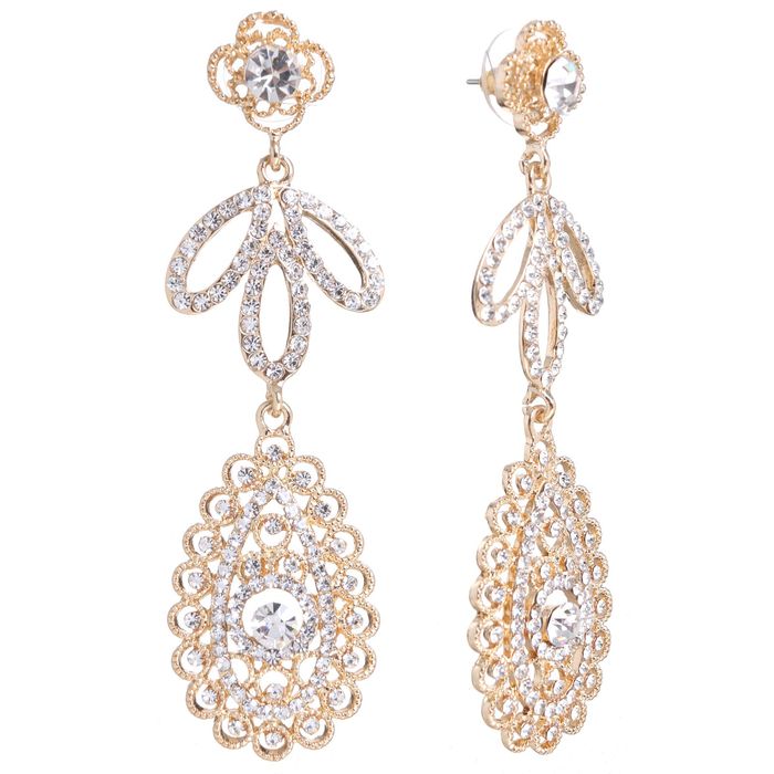 Серьги висячие со стразами "Ажурные" цветение, цвет белый в золоте