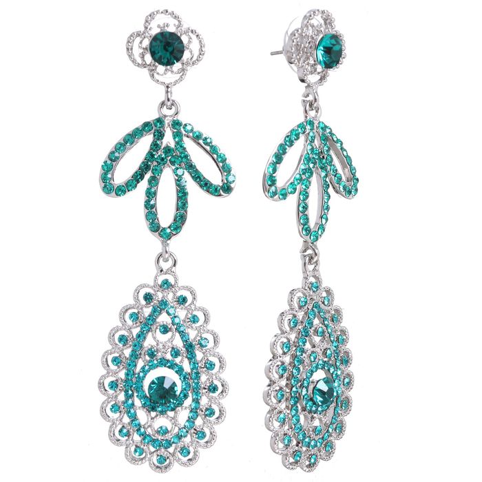Серьги висячие со стразами "Ажурные" цветение, цвет зелёный в серебре