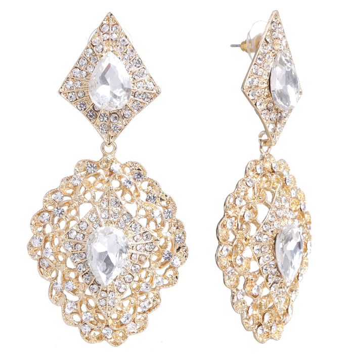 Серьги висячие со стразами "Ажурные" совершенство, цвет белый в золоте