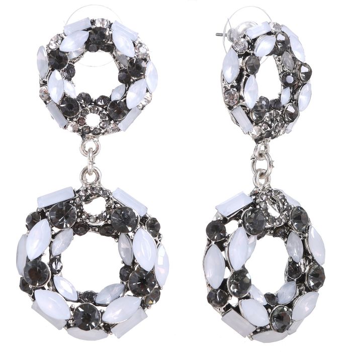 Серьги со стразами "Круги" сияющие, цвет бело-серый в серебре