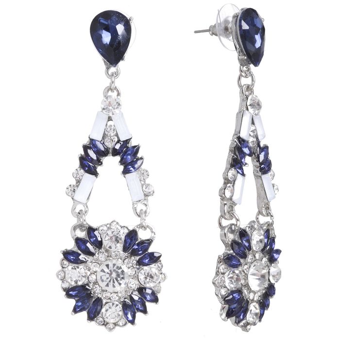 Серьги висячие со стразами "Цветок" капля, цвет бело-синий в серебре