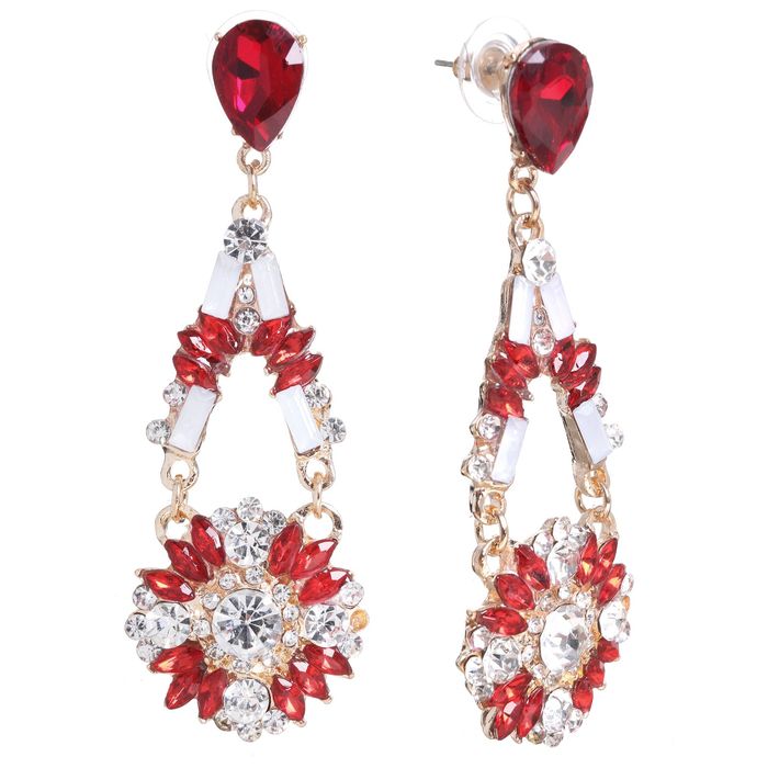 Серьги висячие со стразами "Цветок" капля, цвет бело-красный в золоте