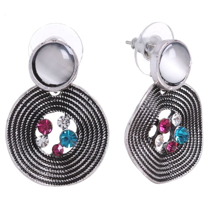 Серьги "Круг" волнистый, цветные в чернёном серебре