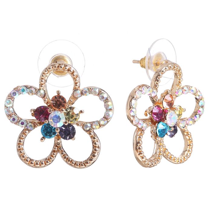 Серьги со стразами "Цветок" летний день, цветные в золоте