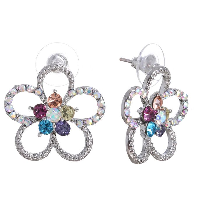 Серьги со стразами "Цветок" летний день, цветные в серебре