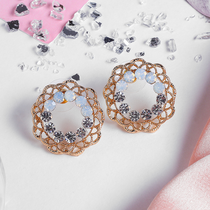 Серьги со стразами "Круг" ажурное плетение, цвет белый в золоте