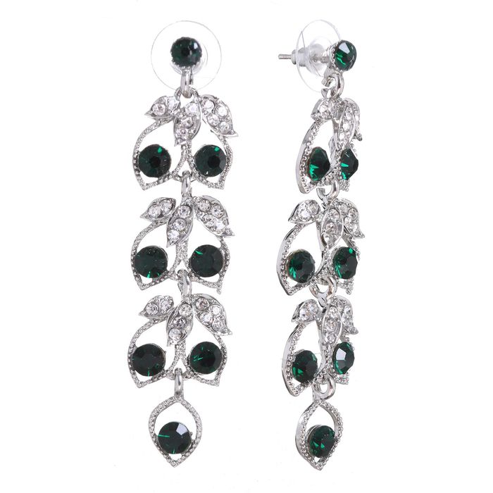 Серьги висячие со стразами "Листья" на веточке, цвет бело-зелёный в серебре