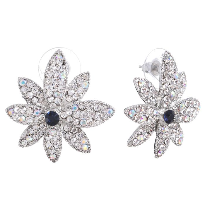 Серьги со стразами "Цветы" вдохновение, цвет бело-синий в серебре