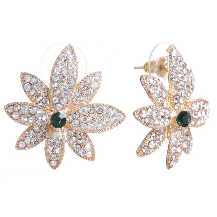 Серьги со стразами "Цветы" вдохновение, цвет бело-зелёный в золоте