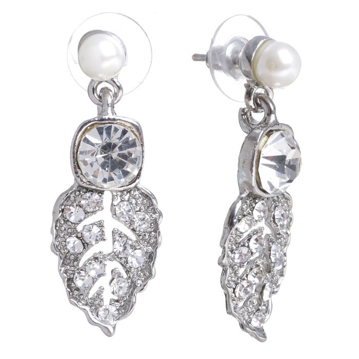 Серьги с жемчугом "Лист" резной, цвет белый в серебре