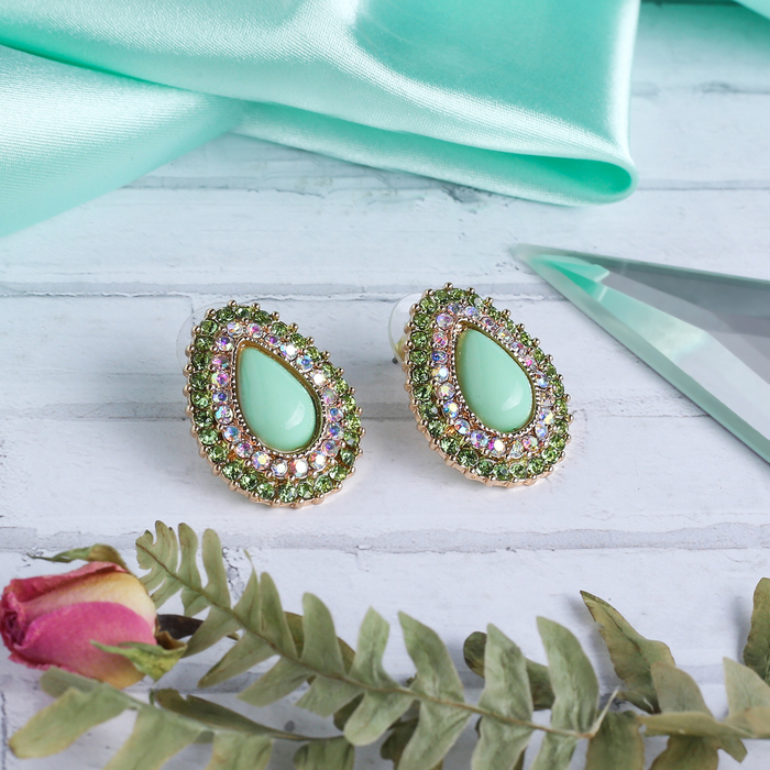 Серьги ассорти "Капля" нежность, цвет радужно-зелёный в золоте