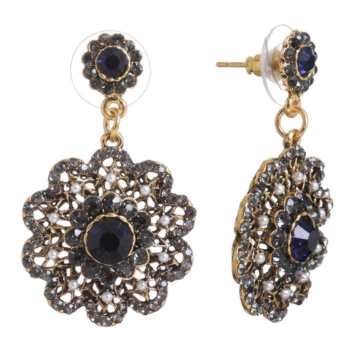 Серьги со стразами "Цветок" ажурный, цвет сине-серый в чернёном золоте