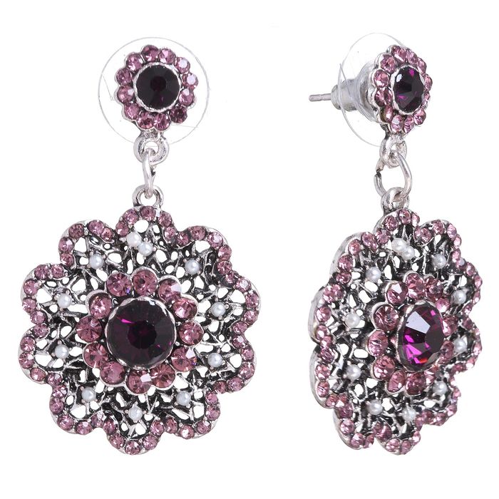 Серьги со стразами "Цветок" ажурный, цвет розово-фиолетовый в чернёном серебре