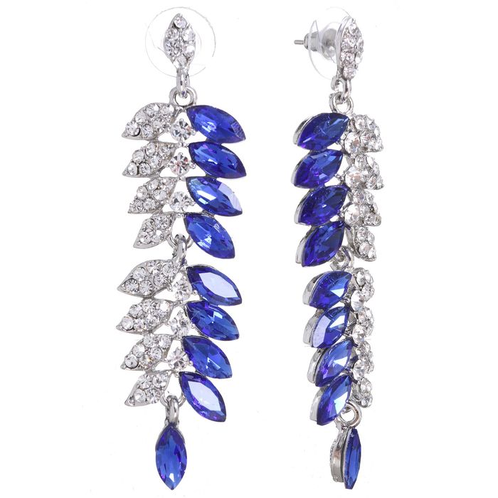 Серьги висячие со стразами "Цветение" роскошь, цвет бело-синий в серебре